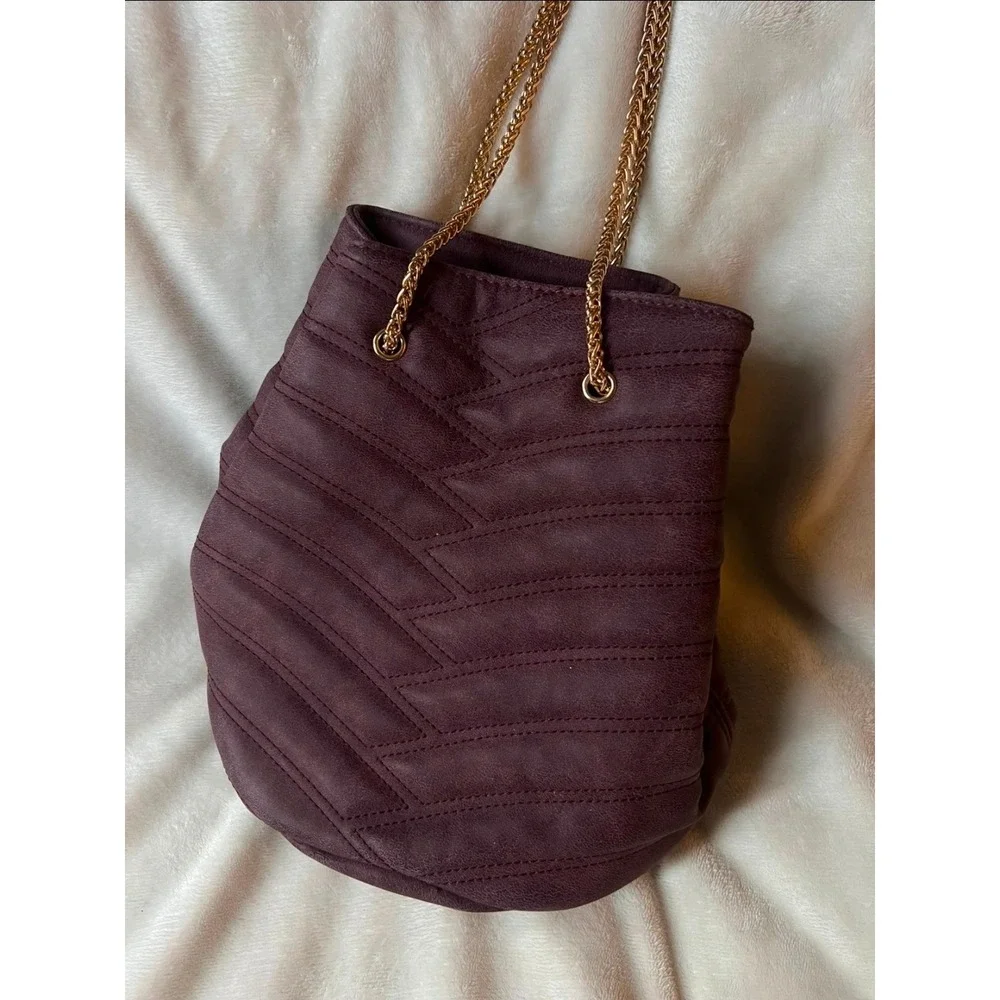 Burgundy Faux Suede Chevron Quilted Bucket Bag Gold Chain Strap Plum Handbag